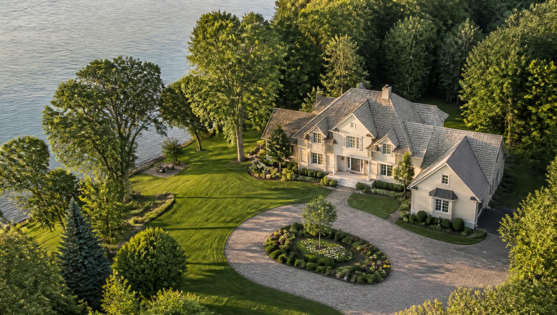 Aerial drone photo of a waterfront home and landscaped grounds in Vaudreuil-Soulanges, Quebec