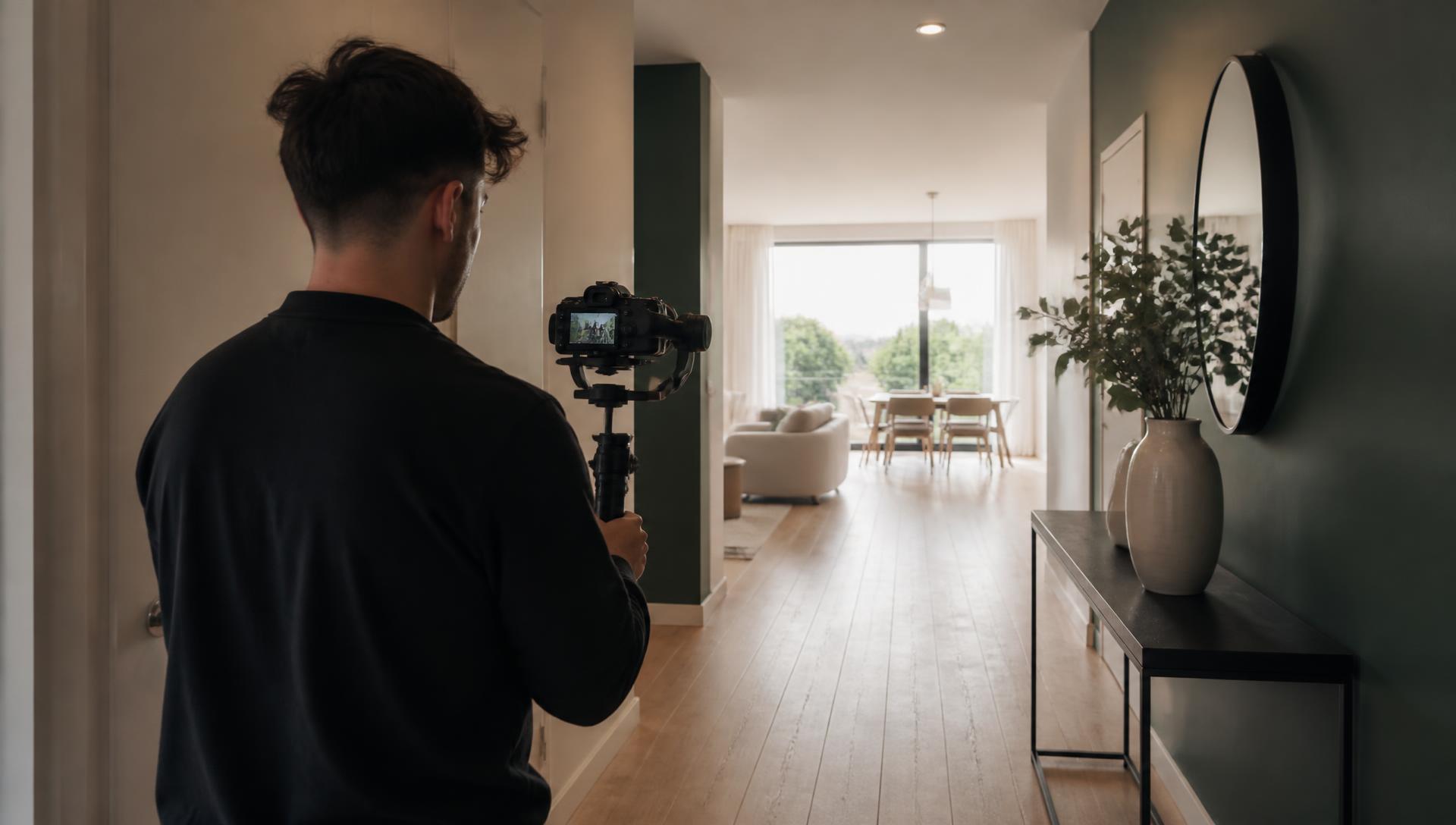 Videographer recording a real estate video tour inside a West Island of Montreal home