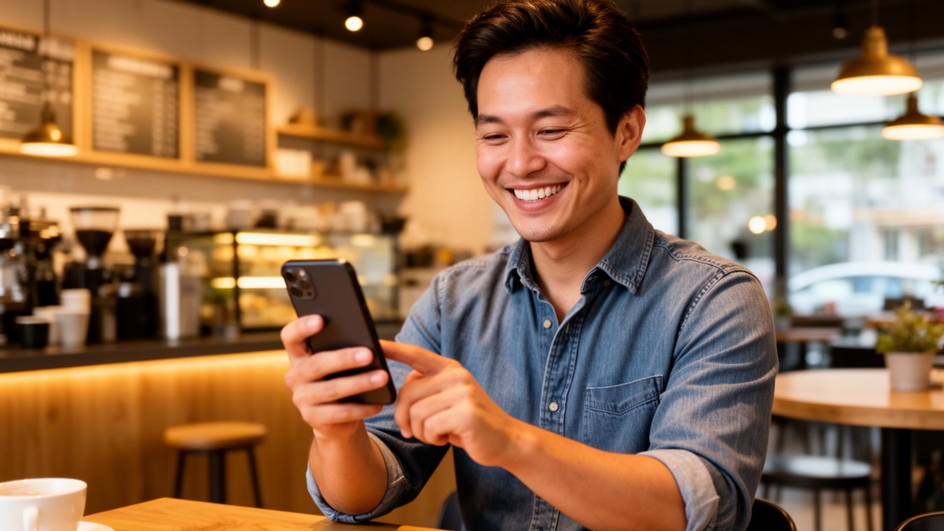 Local business owner in Quebec managing social media content on a smartphone