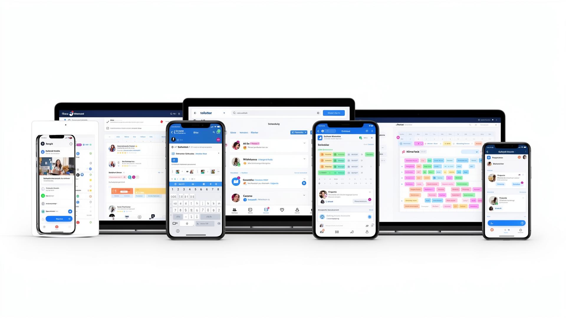 Multiple devices showing social media scheduling and management tools for small business marketing