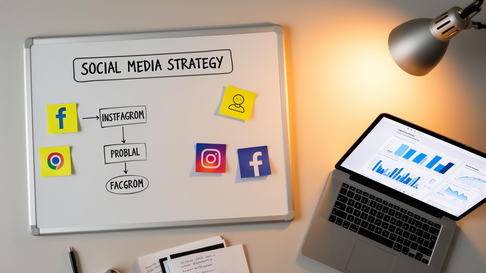 Social media marketing strategy planning workspace for a local Quebec business
