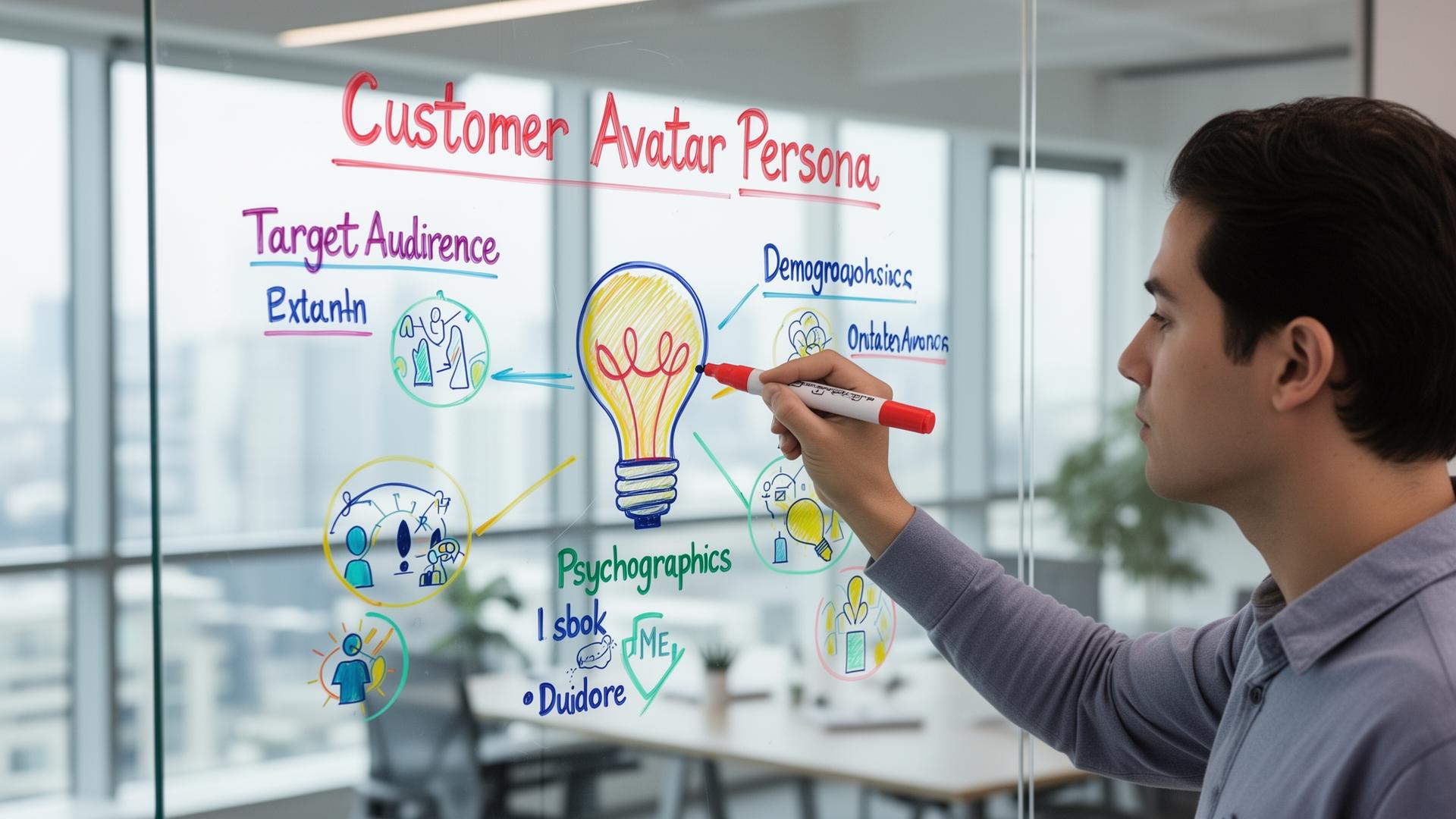 Marketing professional drawing customer avatar persona on glass whiteboard showing target audience demographics and psychographics