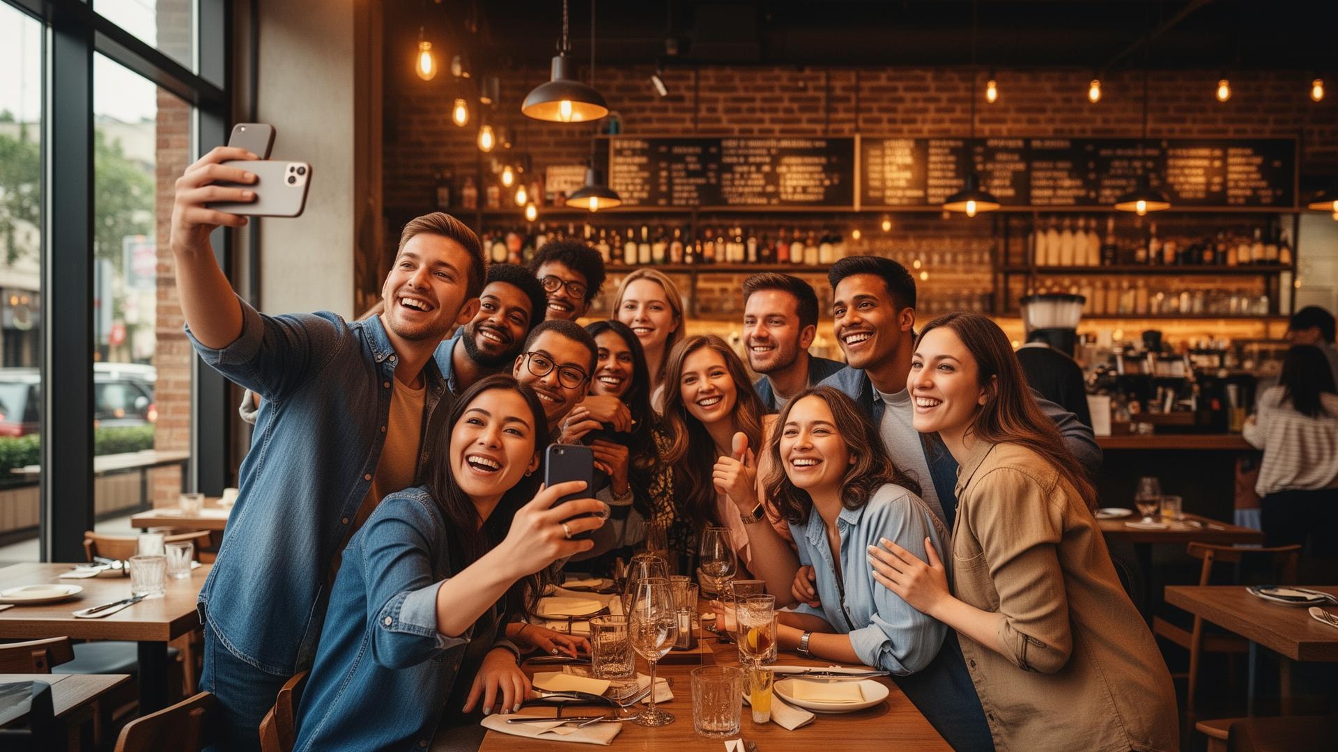 Happy customers taking selfies at a local restaurant for user generated content marketing