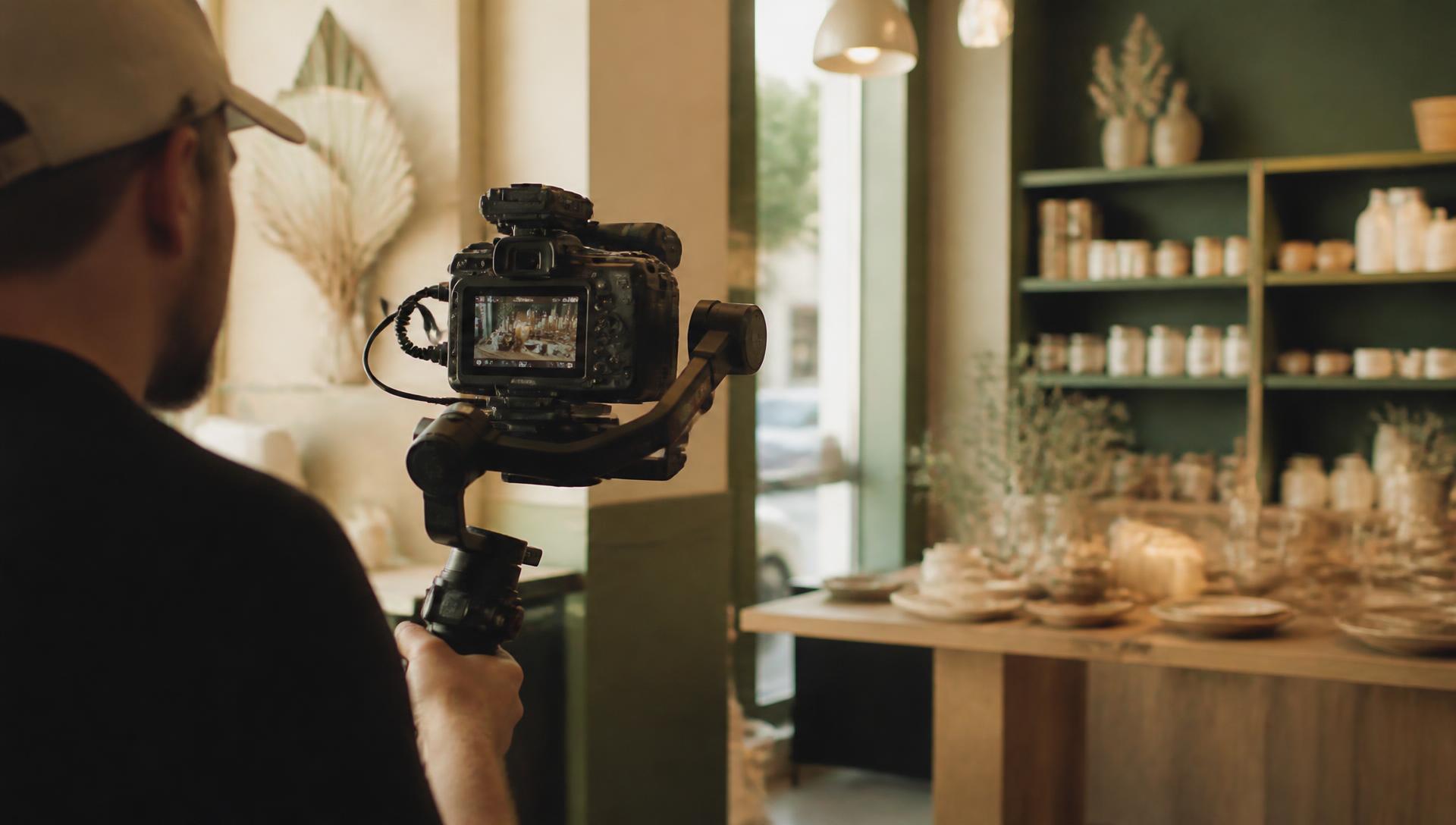 Videographer filming promotional video content inside a local West Island of Montreal shop